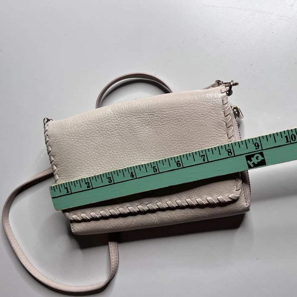 Tory Burch Crossbody Bag Womens Small Beige Leather Flap Wallet‎ Whipstitch Logo